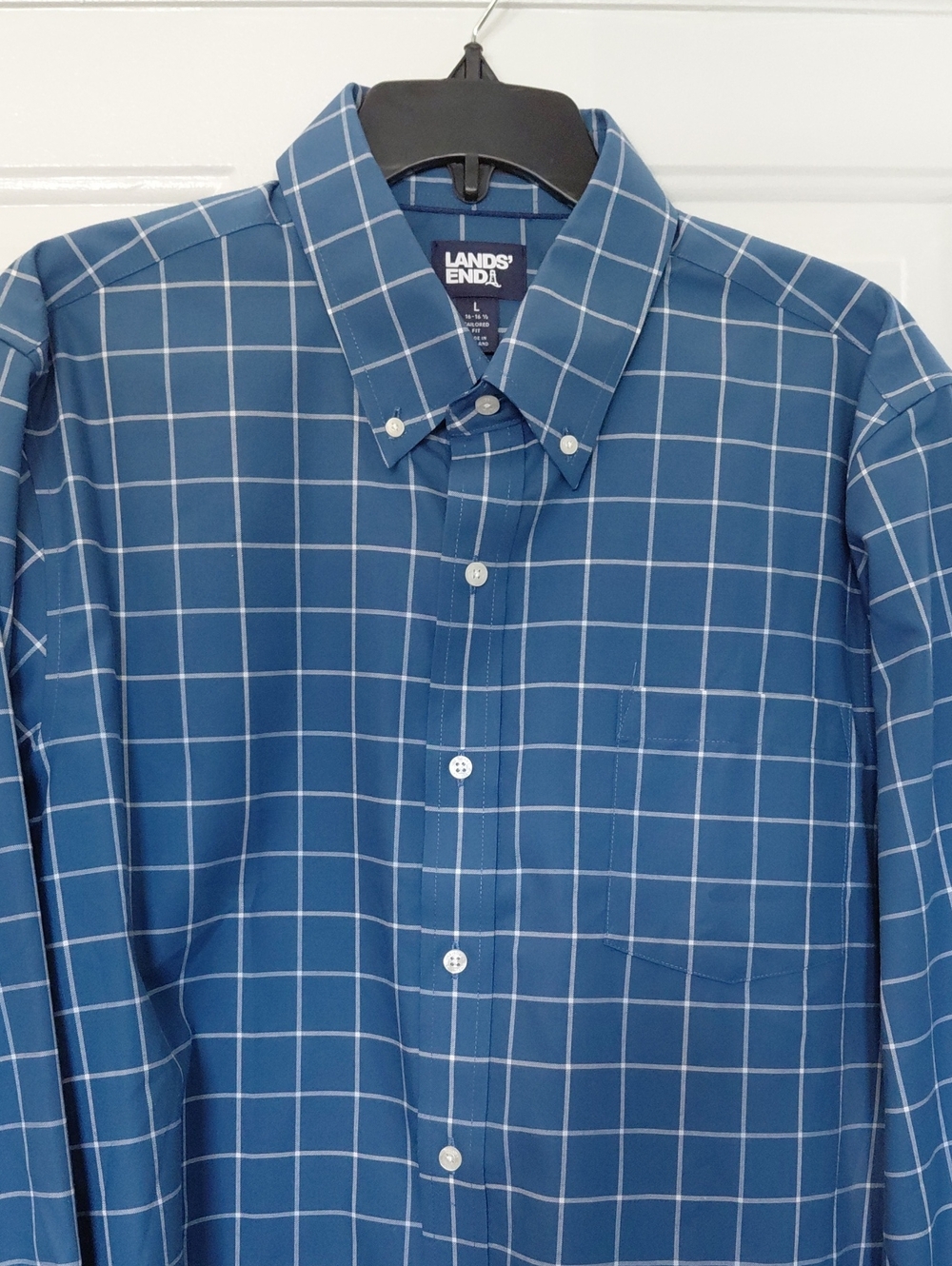LANDS' END Men’s Blue Tailored Fit  Button-Down Dress Shirt Size L 16 - 161/2